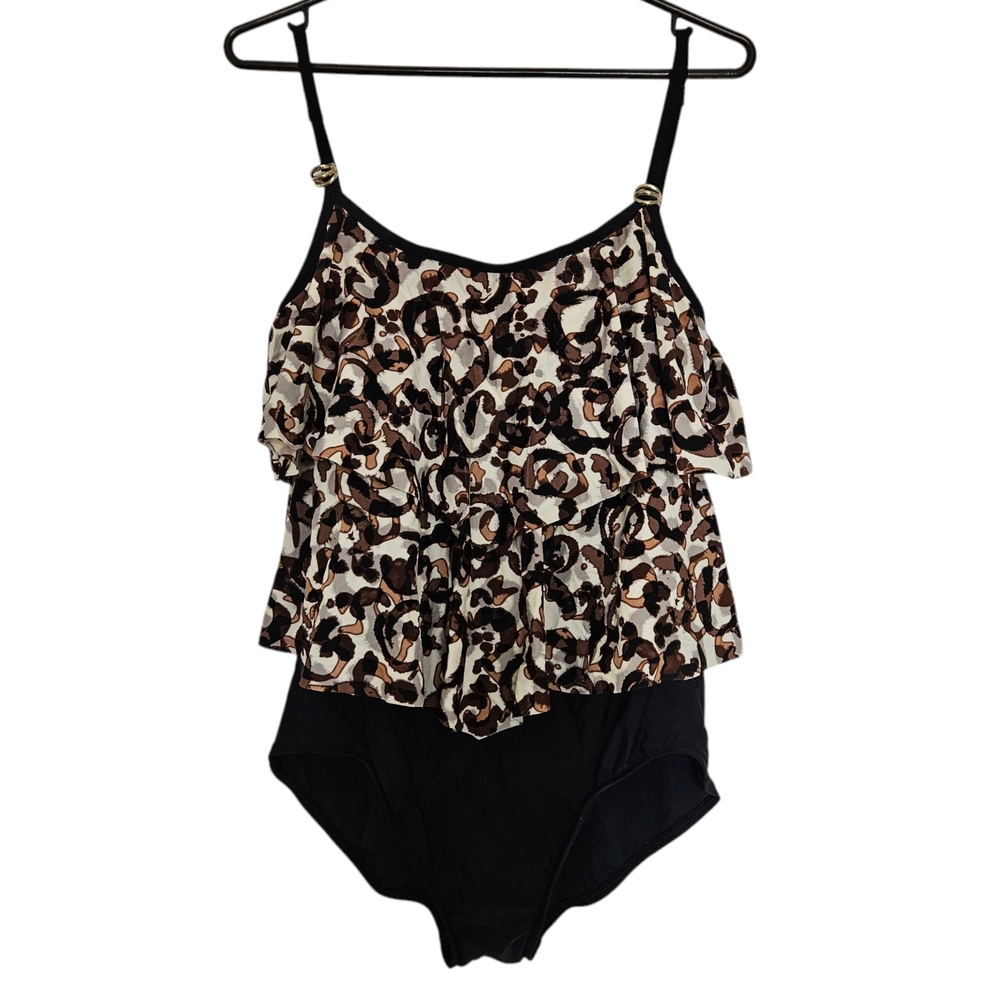 Maxine of Hollywood Black and Brown One Piece Swimsuit with Ruffle Details